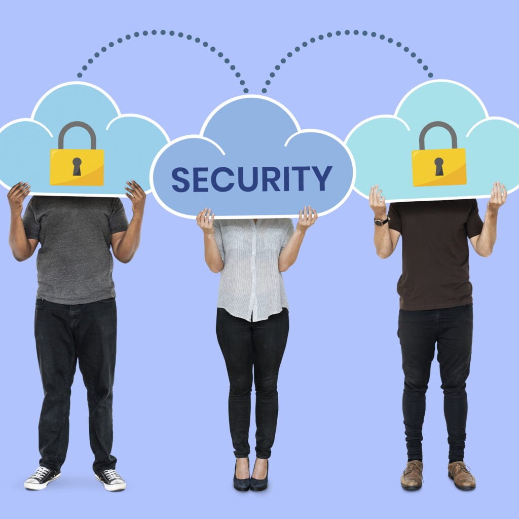 People holding cloud security symbols